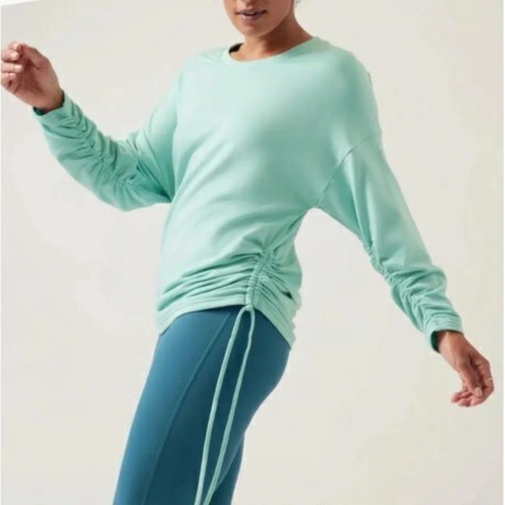 Athleta Lombard Ruched Sweatshirt Womens Size Small Mint Green Terry Athleisure